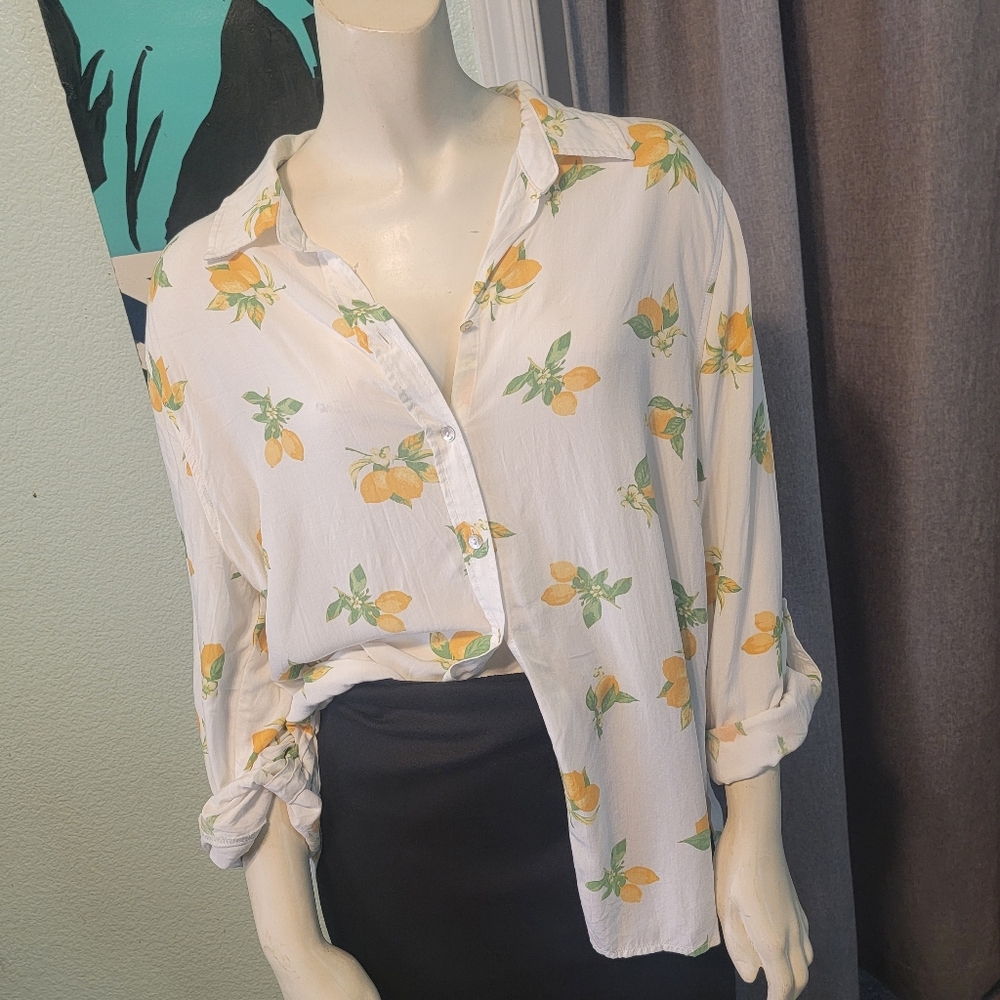 Boho Coquette Jane & Delancey Long Sleeve Button Up Lemon Print Drop Back XL